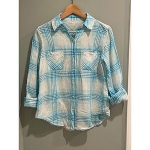 Lilly Pulitzer Plaid Button Down Shirt Roll Tab Sleeve Top XXS‎